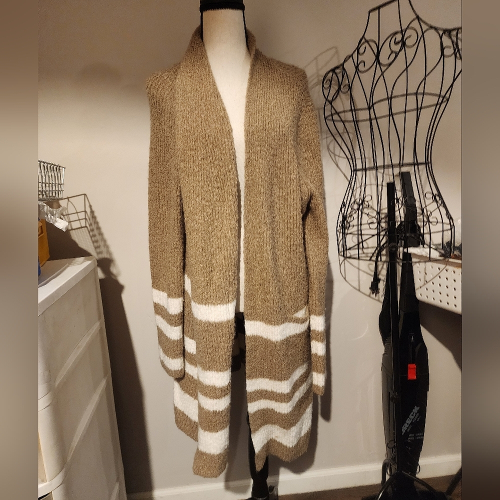 Soho Street Cozy Tan and White Striped Women's Long Open Cardigan Sweater XL